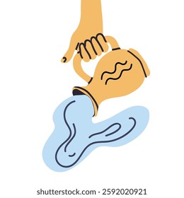 A hand with a pitcher pours water out of the pitcher. Aqua flow, liquid stream, current, turned upside down. Spilling away. Aquarius, zodiac sign. Hand drawn vector illustration.