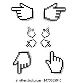 Hand pixel cursor in different direction up, down, left and right. Isolated on white background. Vector illustration.
