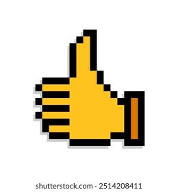 Hand pixel gesturing thumb. Old school computer graphic style. Pixel art 8-bit. Isolated vector illustration.