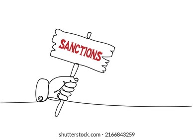 Hand with placard calling  Sanctions. Minimalist linear design. US and EU imposes sanctions on Russia. Continuous one line drawing vector illustration