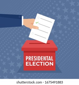 A hand places a ballot paper in a ballot box. Election concept. Flat design vector illustration.