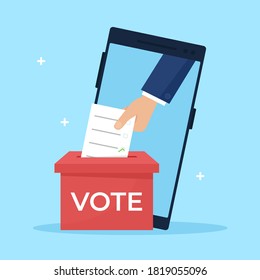 A hand places a ballot paper in a ballot box. Online election, voting concept. Flat design vector illustration.