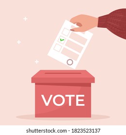 Woman’s hand places a ballot paper in a ballot box. Election concept. Flat design vector illustration