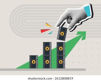 Hand places a barrel of oil in a growing row - concept of rising oil prices. Modern photo collage style. Vector illustration