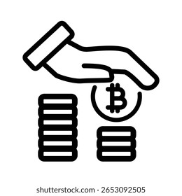 A mão coloca uma moeda de bitcoin em pilhas de moedas. Investimento criptomoeda, conceitos financeiros, moeda digital, tecnologia blockchain, visualização de crescimento financeiro.
