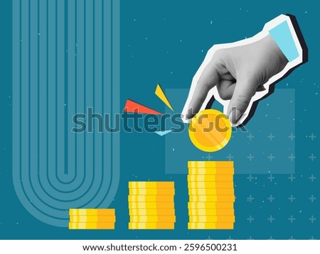 The hand places the coin in the highest pile in the row. Modern photo collage style. Vector illustration