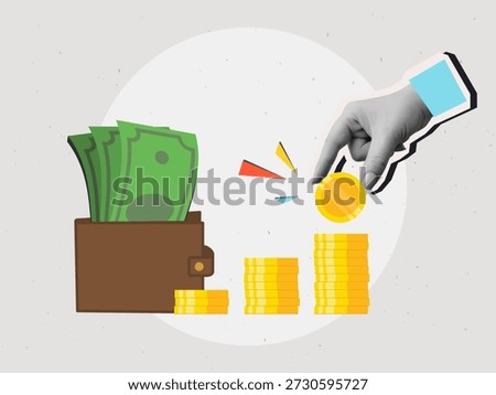 The hand places the coin in the highest pile in the row with a wallet with a cash on background. Modern photo collage style. Vector illustration