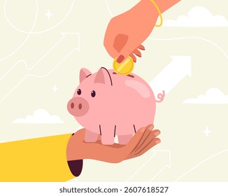 A hand places a coin into a pink piggy bank held by another hand, with upward arrows and clouds in the background. Concept of saving money. Vector illustration