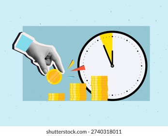 The hand places the coin in the row with a wall clock with time running out on background. Modern photo collage style. Vector illustration
