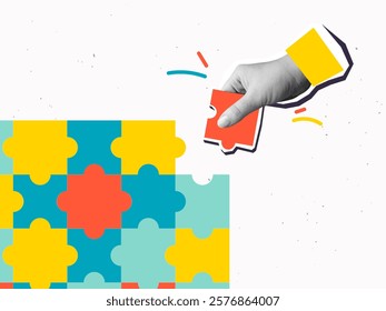 A hand places the last missing puzzle piece. Modern collage style. Vector illustration