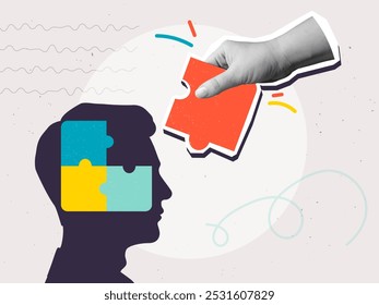 A hand places the missing puzzle piece into a person's head. Decision aid concept. Modern collage style. Vector illustration