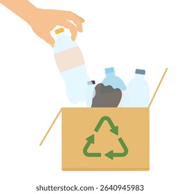Hand places plastic bottle into recycling cardboard. Plastic pollution concept
