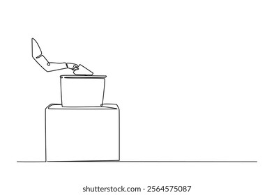 Hand placing ballot in the ballot box polling place in continuous one line drawing design. Democracy and election day concept. Editable vector.  