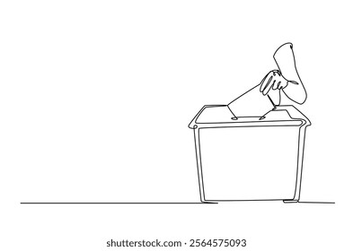 Hand placing ballot in the ballot box polling place in continuous one line drawing design. Democracy and election day concept. Editable vector.  