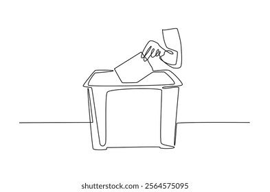 Hand placing ballot in the ballot box polling place in continuous one line drawing design. Democracy and election day concept. Editable vector.  