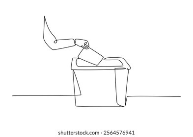 Hand placing ballot in the ballot box polling place in continuous one line drawing design. Democracy and election day concept. Editable vector.  