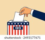 Hand placing a ballot into a voting box decorated with the United States flag pattern. Symbolizing Elections in the USA. Retro style animation with alpha channel.