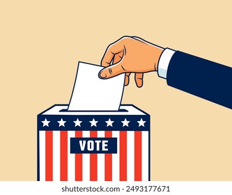 Hand placing a ballot into a voting box decorated with the United States flag pattern. Symbolizing Elections in the USA. Retro style animation with alpha channel.