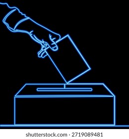 Mano que coloca la boleta en la caja de votación que simboliza la democracia y el concepto de Ilustración vectorial del resplandor del neón del icono del proceso electoral