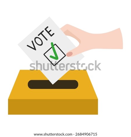 Hand placing a ballot paper with a green check mark into a yellow ballot box, symbolizing the act of voting and participating in democracy