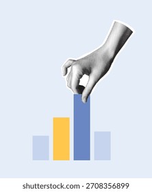Hand placing block on bar chart. Modern cutout halftone collage. Business analytics and statistics concept for design. Vector illustration.