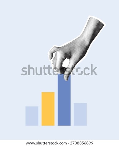 Hand placing block on bar chart. Modern cutout halftone collage. Business analytics and statistics concept for design. Vector illustration.