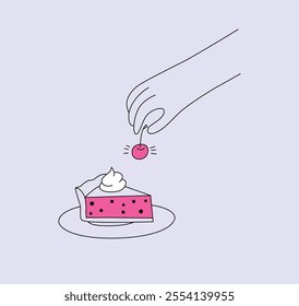 Hand placing cherry on a slice of cake with cream. Concept of decoration, culinary art, and dessert preparation. Minimal line art style. Perfect for food-related designs. Flat vector illustration.