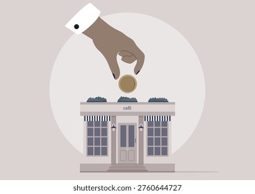 A hand is placing a coin atop a charming cafe, symbolizing investment and hope for small businesses to thrive, creating connections within the community and boosting local economies.