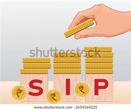 A hand placing a coin in a jar symbolizing SIP (Systematic Investment Plan) investment. Vector illustration
