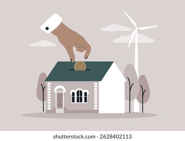A hand is placing a coin in a modern house to symbolize investment in real estate, while a wind turbine and trees suggest a commitment to sustainability and future profits