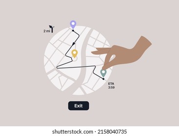 A hand placing a geo tag pin on a city map route, online navigation