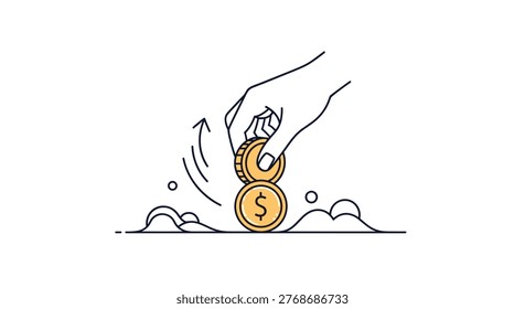 Hand placing a gold dollar coin on top of another coin on a surface representing savings investment and financial growth.