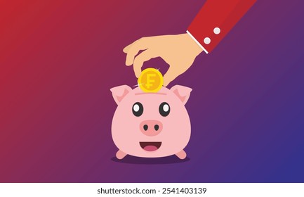 Hand placing a gold franc coin into a pink piggy bank. Concept of saving money. Vector illustration