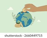 Hand placing golden coin into planet earth representing environmental investment, sustainability funding, and eco-friendly financial commitment. Climate governance. Flat design. Vector illustration