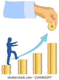 Hand placing golden coin to coin stack  staircase with business executive stepping up and arrow showing upward