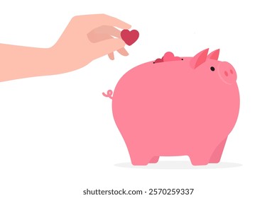 hand placing heart into pink piggy bank symbolizes love,investment and savings, minimal design in cute vector style for Valentine's Day, romance, affection concepts, isolated icon on white background