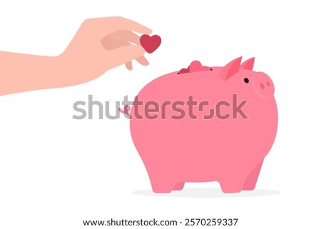 hand placing heart into pink piggy bank symbolizes love,investment and savings, minimal design in cute vector style for Valentine's Day, romance, affection concepts, isolated icon on white background