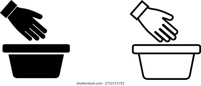Hand placing item into container in two different styles showing simple actions of retrieval and storage in black and white