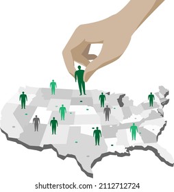 A hand placing men representing different American states on the map of the United States of America