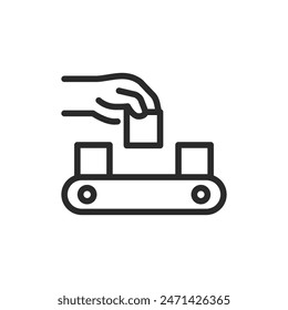 Hand placing object on conveyor belt, linear style icon. Manual labor in factory. Sorting. Editable stroke width