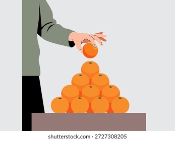 Mano colocando naranja en una pirámide