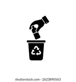 Hand Placing Plastic Bottle into a Container Marked with Arrows Black Filled Icon