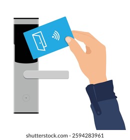 Hand placing plastic contactless key card to open door of hotel room isolated on white background. Smart lock, wireless technology concept. Vector