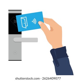 Hand placing plastic contactless key card to open door of hotel room isolated on white background. Smart lock, wireless technology concept. Vector
