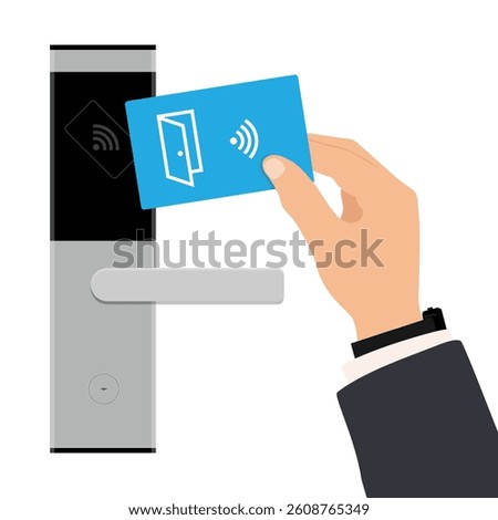 Hand placing plastic contactless key card to open door of hotel room isolated on white background. Smart lock, wireless technology concept. Vector