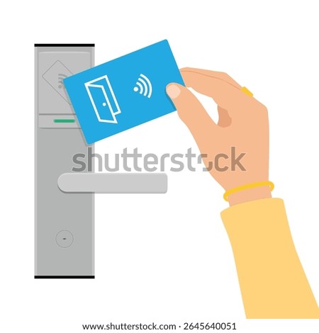 Hand placing plastic contactless key card to open door of hotel room isolated on white background. Smart lock, wireless technology concept. Vector