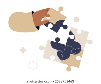 Hand Placing Puzzle Piece In Flat Vector Illustration Symbolizing Problem Solving, Strategy, And Teamwork, Isolated On White Background.