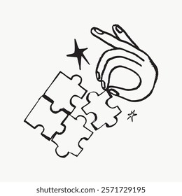 Hand placing puzzle pieces, symbolizing problem-solving and creativity. Stars add a whimsical touch to the puzzle-solving theme. Simple isolated black line art doodle vector.