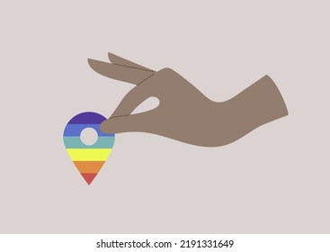 Hand Placing A Rainbow Geo Tag, LGBTQIA Community Safe Space