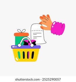 Hand placing receipt in shopping basket in flat vector illustration symbolizing purchase, shopping, and transactions, isolated on white background